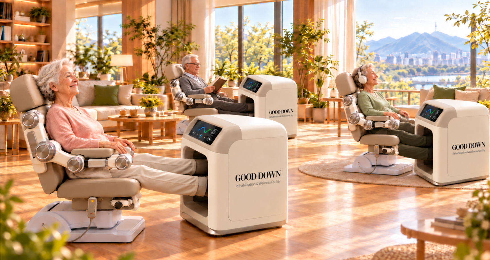 Concept illustration of older adults using a robotic exercise system while reading and listening to music